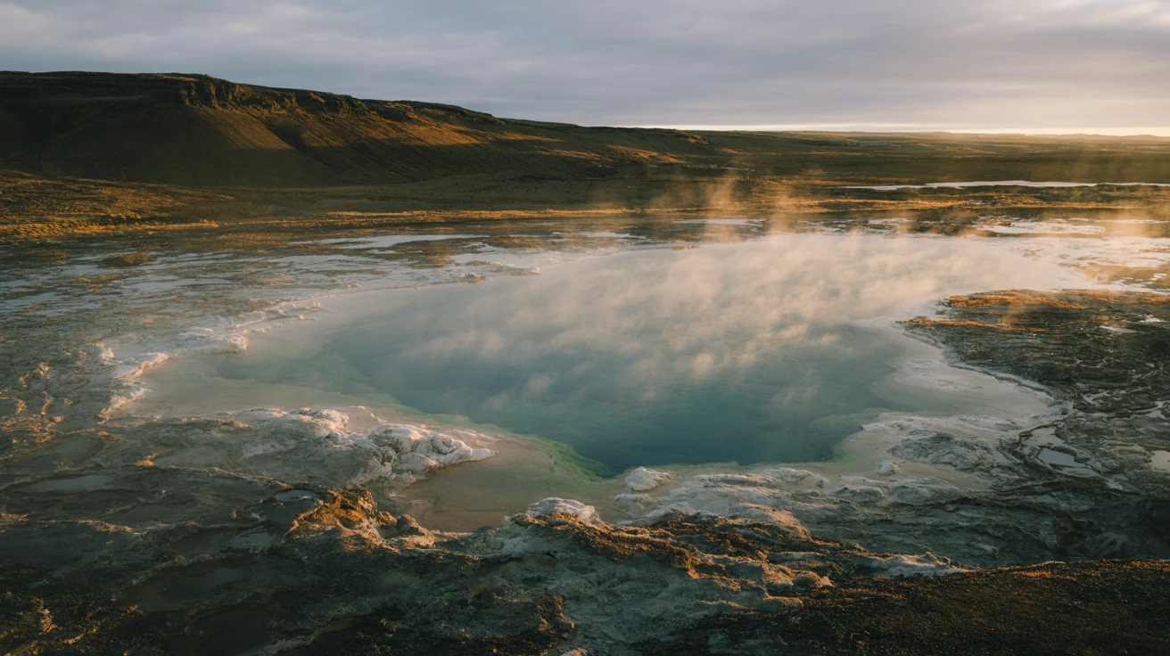 Outdoor geothermal hot pot at an Icelandic municipal pool at dusk with steam rising and snow on the lava field