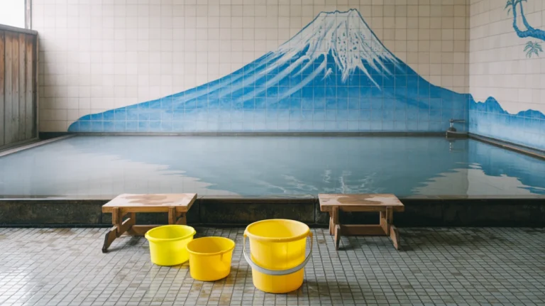 Traditional Japanese sento interior with a Mount Fuji mural above a tiled bath, wooden stools and buckets