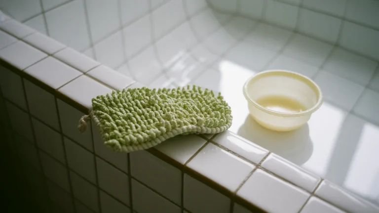 A green Korean scrub mitt on a wet tiled bench in a bathhouse