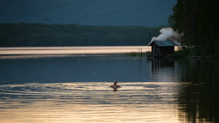 Wooden dock extends into calm lake at sunset with traditional sauna building visible