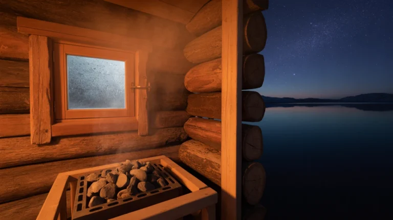 Small wooden floating sauna moored at a snowy fjord quay in Oslo with a ladder into the water