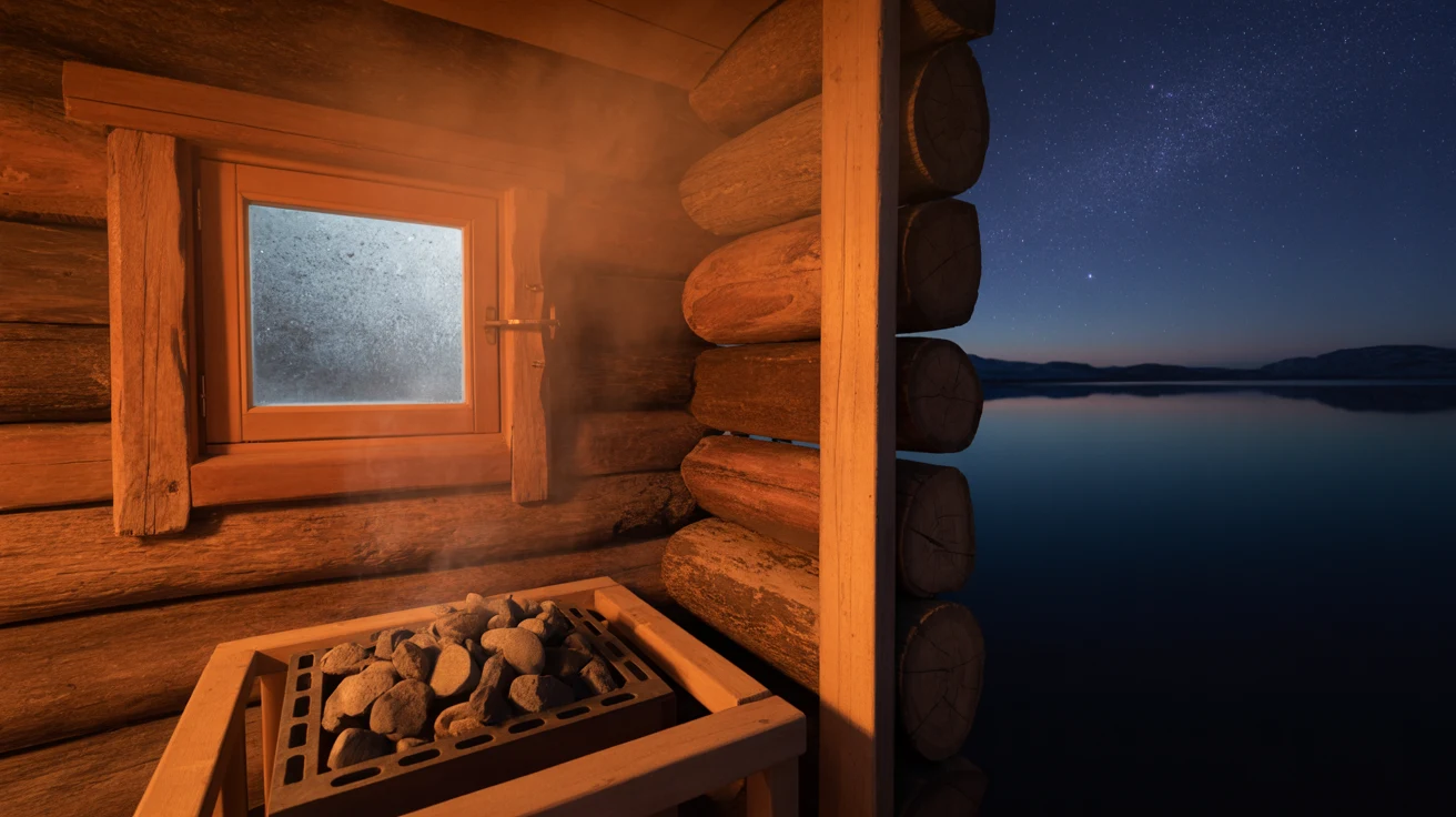 Small wooden floating sauna moored at a snowy fjord quay in Oslo with a ladder into the water