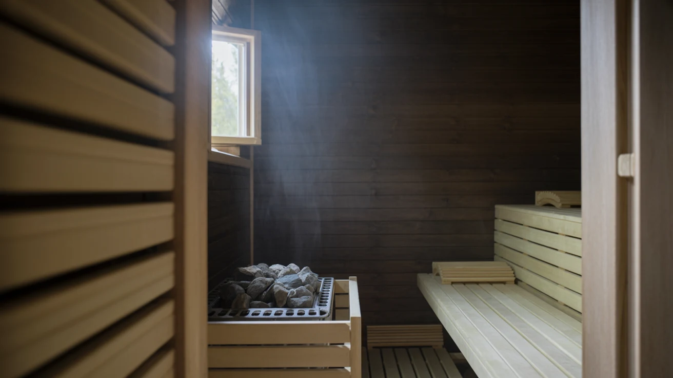 Empty wood-panelled sauna room with pale aspen benches and soft daylight from a small window