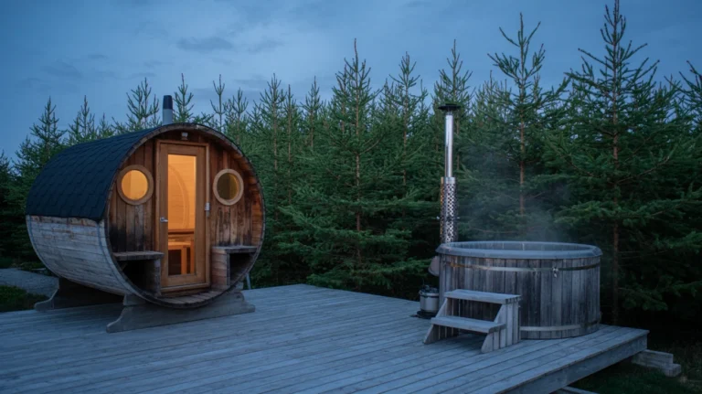 Backyard at dusk with a wooden barrel sauna next to a steaming outdoor hot tub on a wooden deck