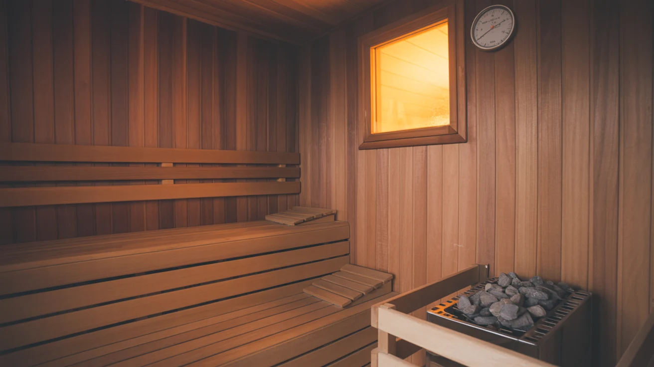 Empty wooden sauna with tiered benches, a stove with stones and a wall thermometer in dim light