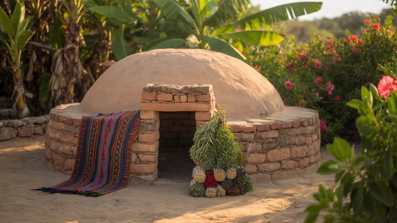 Low domed stone and adobe temazcal sweat bath in a Mexican garden with herbs by the small doorway