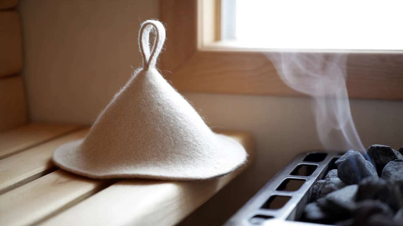 A wool felt sauna hat on the top bench as steam rises from the sauna stones