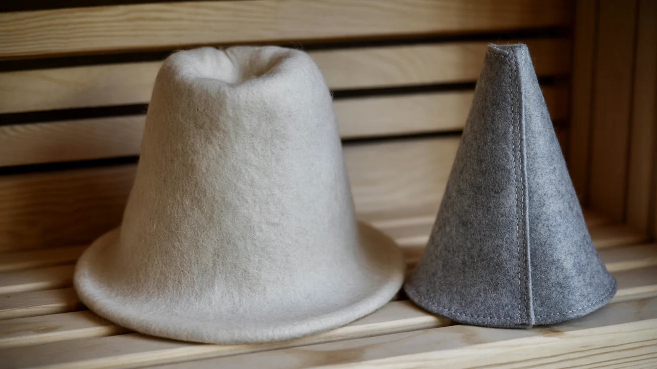 A thick wool felt sauna hat next to a thin synthetic felt hat on a pine bench
