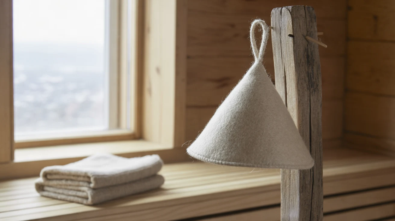 A wool felt sauna hat drying on a wooden peg in a sauna changing room