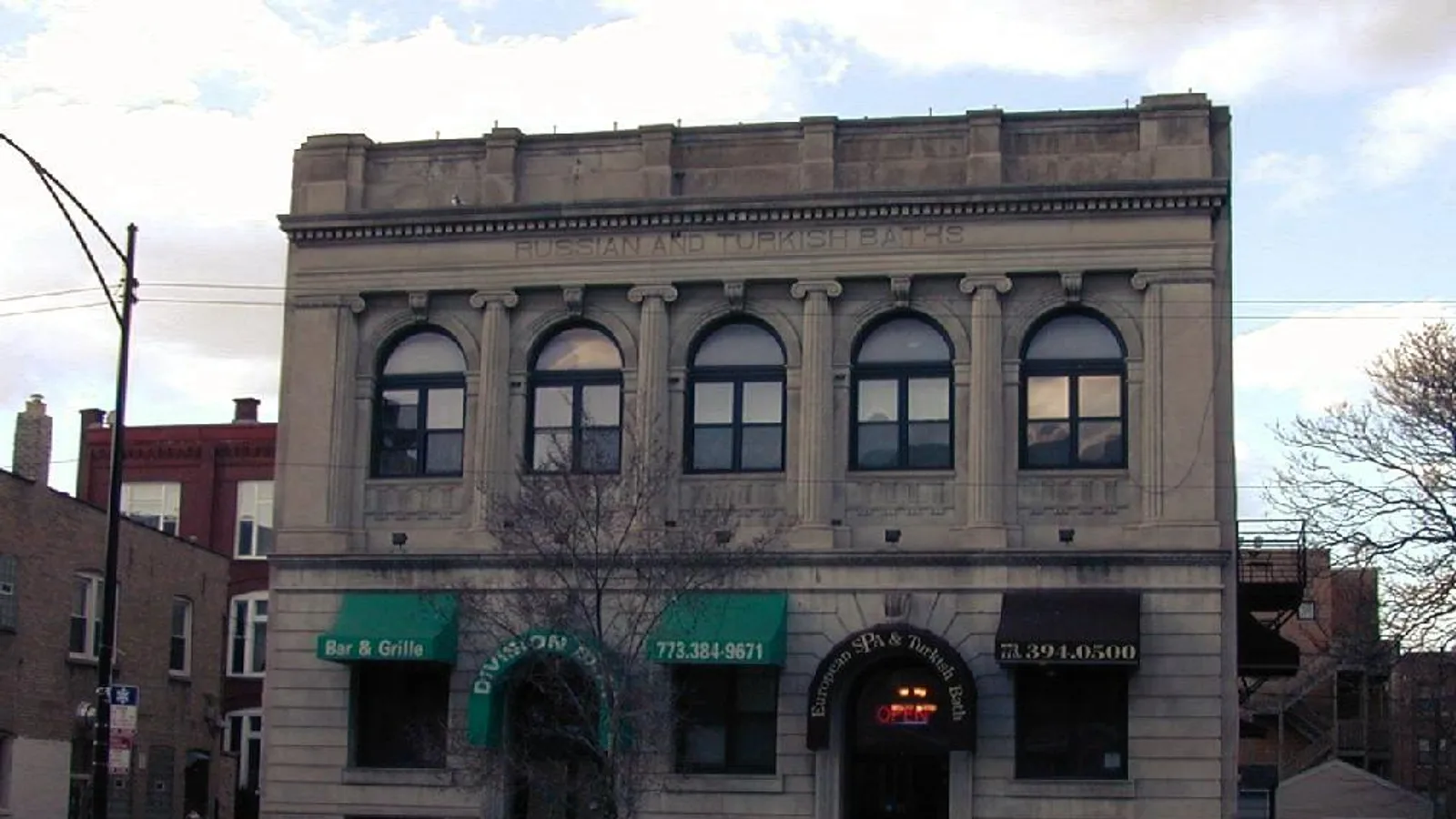 The stone front of the Russian and Turkish Baths building on West Division Street in Chicago, photographed in 2006